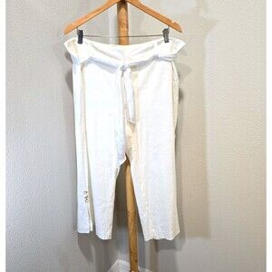 Linen Blend Cropped Pants Womens 14 White Wide Leg Summer Resort Belt Minimalist